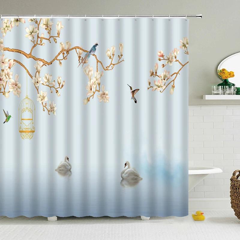 Chinese Style Flower Bird Shower Curtains Waterproof Bathroom   Curtain 3d Printed Fabric With Hooks Decoration Shower Curtain