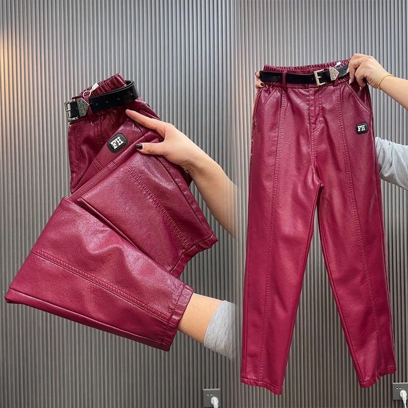 Fashion Y2k Leather Pants PU Casual Straight Leg Pant Loose Slimming Plus Size Highs Waist Haren Trousers Women