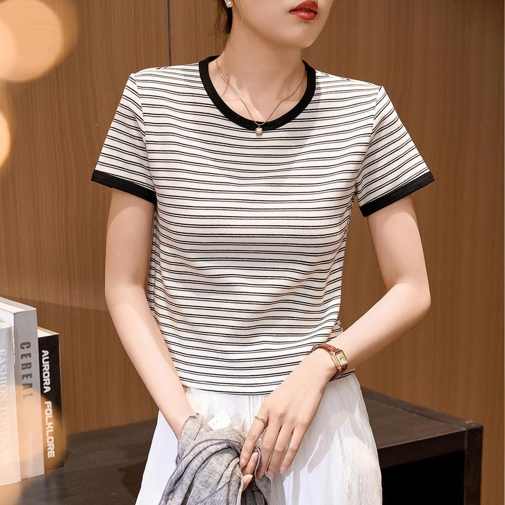 Women’s Striped Round Neck Short Sleeve T-shirt - New 2026 Summer Fashion, Combed Cotton, Versatile Color Block Design.