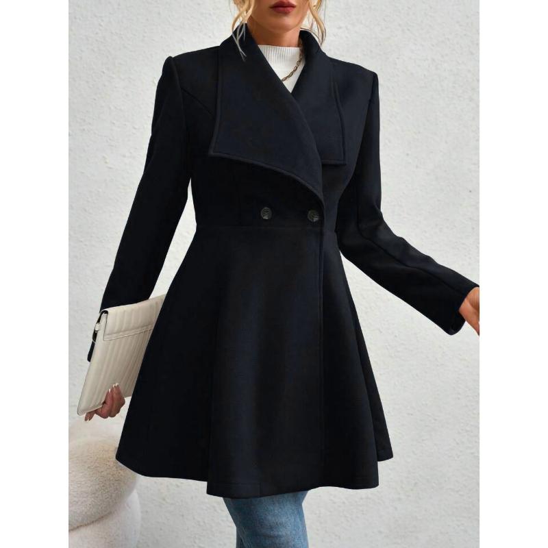 Women's Mid-Length Wool Blend Coat, Autumn Winter Wide Lapel Double Button Outerwear, Slim Fit Elegant Ladies Chic Notched Collar Overcoat