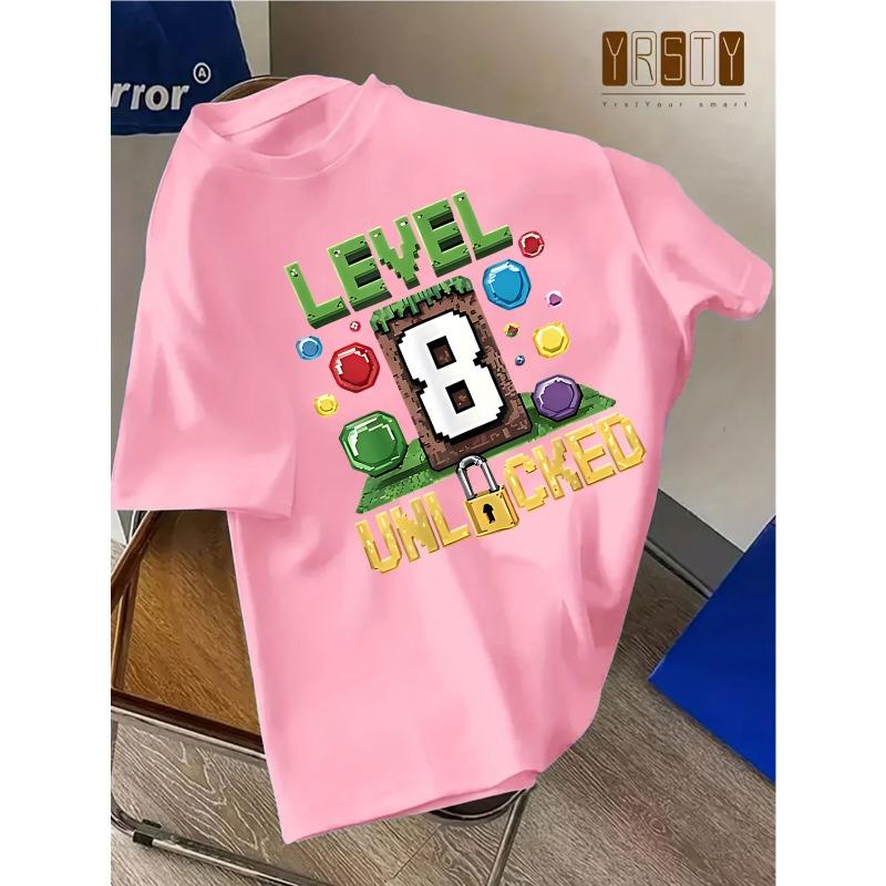 

European sizes Children Round Neck T-Shirt with Pixel Style LEVEL 8 Unlock Pattern, Colorful Synthetic Gemstone and Padlock Design for Gaming 164cm рожевий