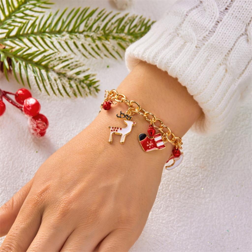 Christmas Red Green Bells Chain Bracelet Deer Bulb Crutch Santa Claus Tree Snowman Wreath Snowflake Bangle Jewelry For Women Men