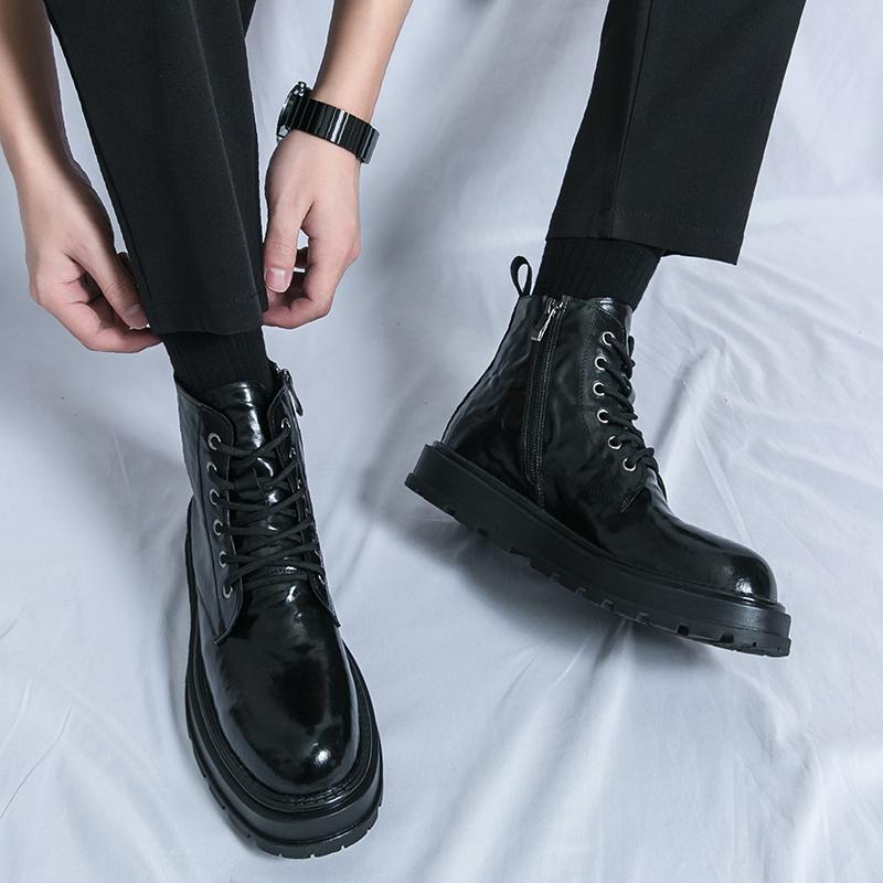 Fashion Business Men Leather Boots Fashion Personality Knight Men Boots Thick Heel Lace Up Classic Chelsea Boots High-top Leather Shoes