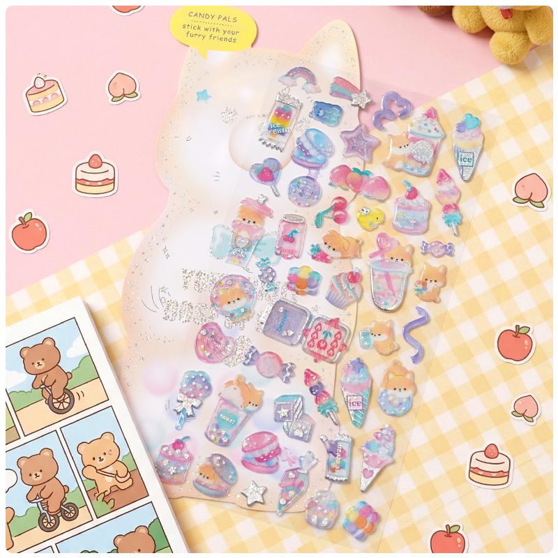 4 Pcs Candy Sweet Animals Crystal Stickers Scrapbooking Diy Journal Stationery Sticker Sheet School Supplies Gift