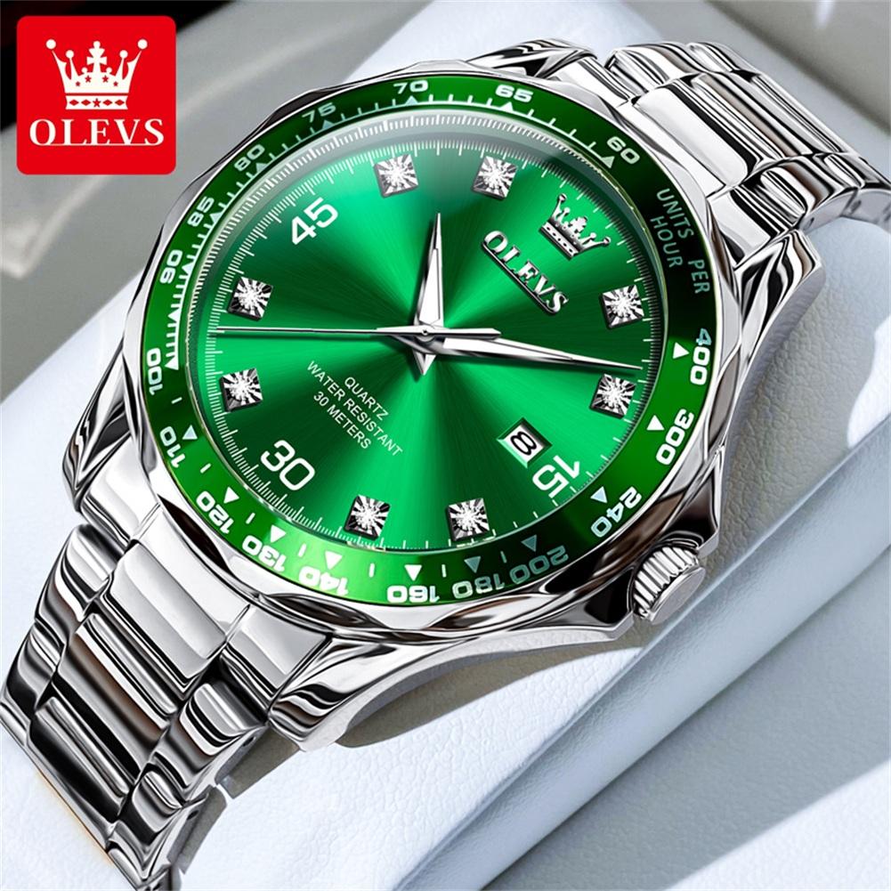 OLEVS 9988 Luxury Men's Watches Top Brand Original Green Water Ghost Series Steel Strap Waterproof Quartz Wrist Watch for Man