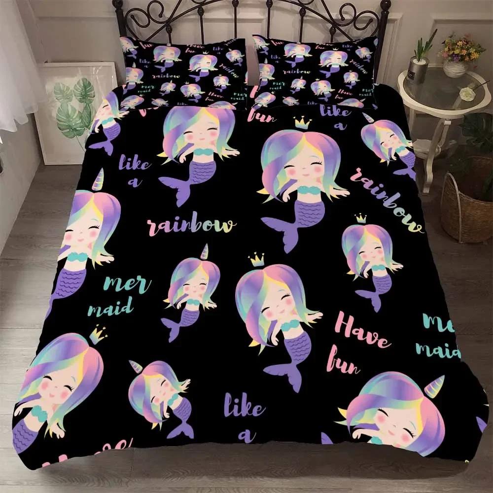 Print JellyfishUnicorn 2/3Pc Single Kids Black Cartoon Bedding Set Duvet Set With Pillowcases Mermaid Princess Bedset Twin Size