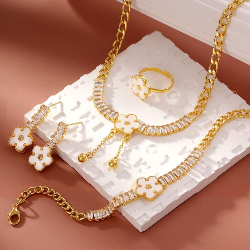 Elegant Clover Jewelry Set Women Stainless Steel Cuban Chain Necklace Bracelet Earrings Ring 5-Piece Luxury Accessory