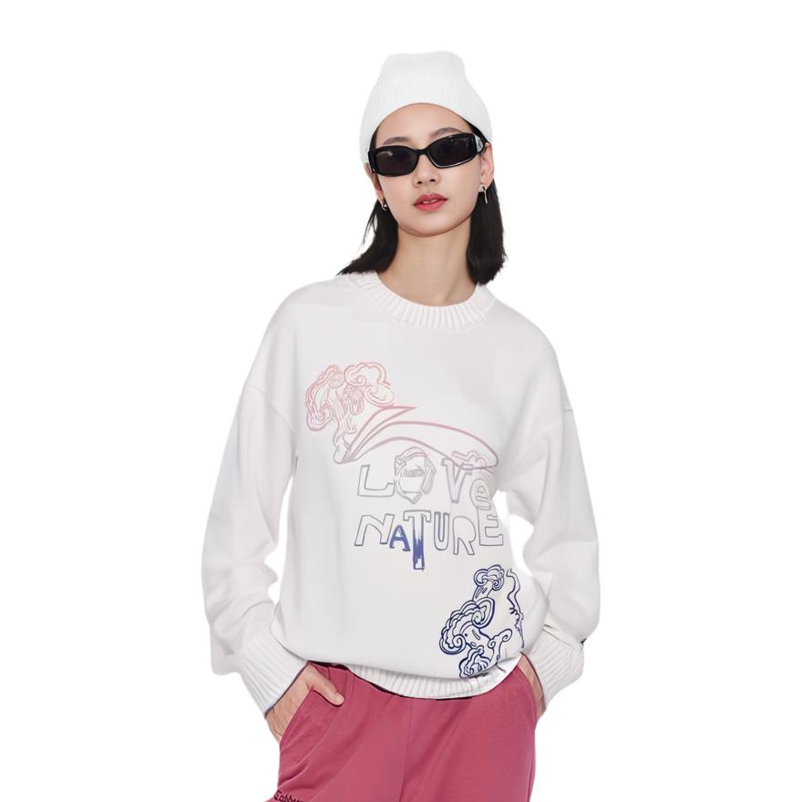 Li Ning Logo Print Gradient Pattern Round Neck Pullover Long Sleeve Sweater Women Sweater White AMBR062-2