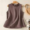 Damen Grüner Baumwoll-Leinen Ärmelloser Weste Rüsche Rundhals Locker Alles Passend Lässig Sommer Basic Tanktop