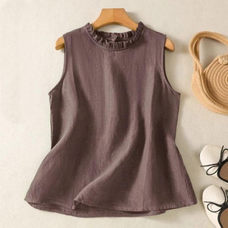 Damen Grüner Baumwoll-Leinen Ärmelloser Weste Rüsche Rundhals Locker Alles Passend Lässig Sommer Basic Tanktop