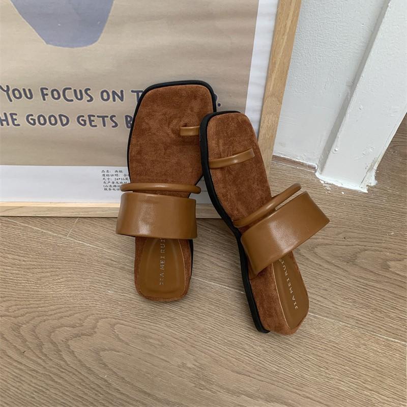 

Retro style square head suede thick bottom cover toe slippers women s new summer wear color matching beach sandals 35 чорний