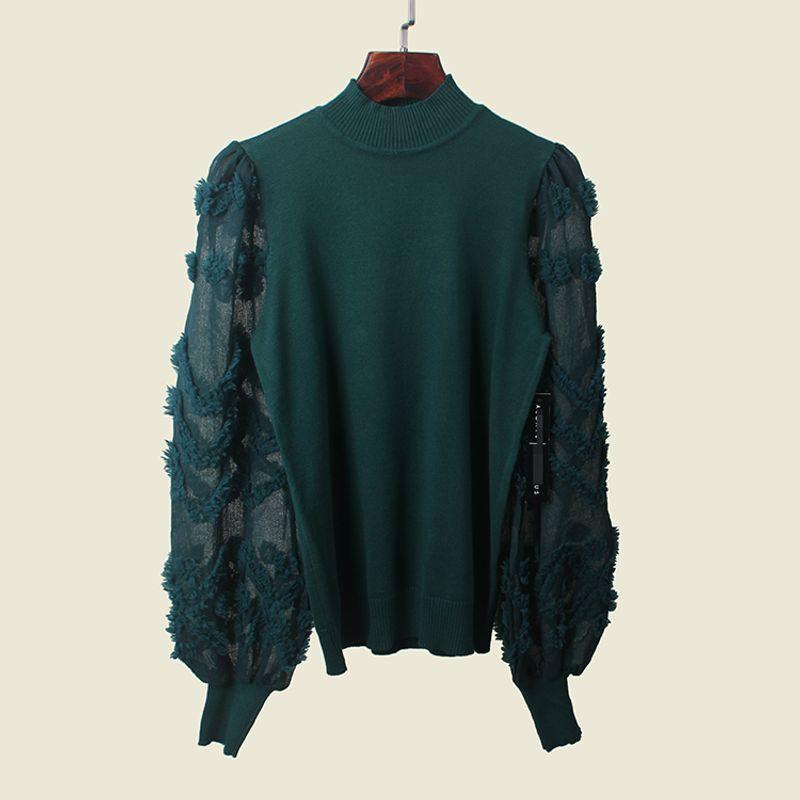 French Style Small Stand-up Collar Puff Sleeve Patchwork Knitting Bottoming Shirt Export Elegant Long Sleeve Pullover Top