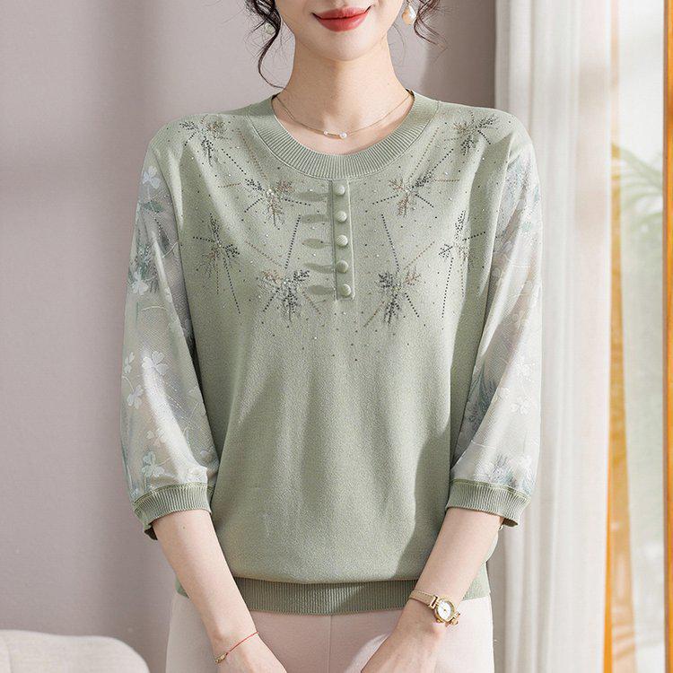

Women s Casual Embroidered Round Neck 3/4 Sleeve Top - Ideal for Mothers & Elderly 2XL (115-140 lbs) зелёный