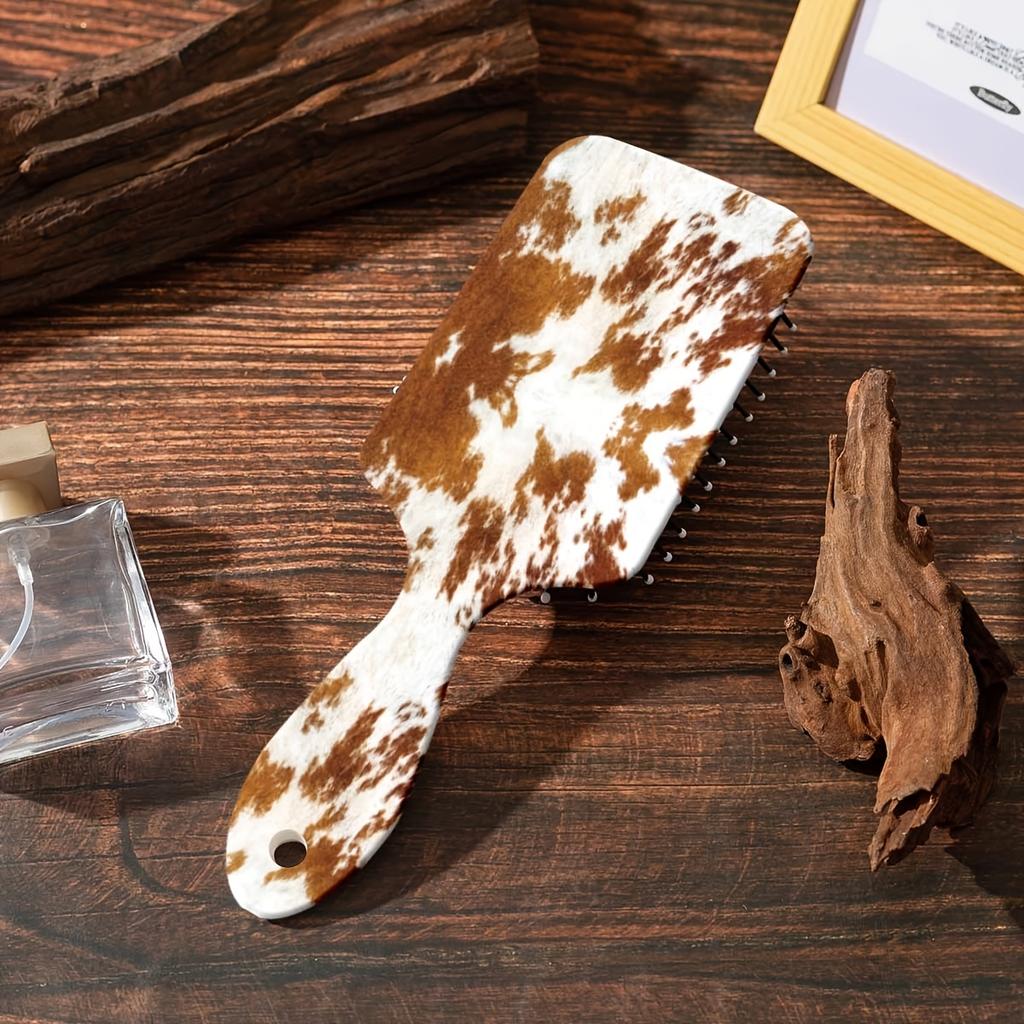 1pc Cow Print Air Cushion Comb for Girls - Large Anti-Knot Detangling Hair Brush with Cowhide-like Cow Spot Pattern, Nylon Bristles & Air Cushion
