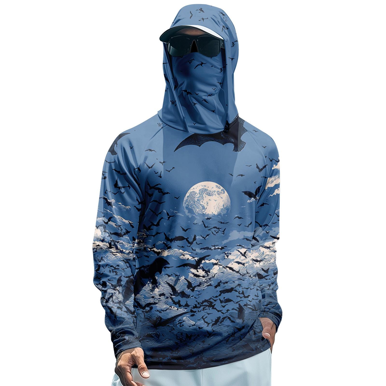 

Мужская худи реглан для рыбалки с принтами на Хэллоуин - UPF 50+ УФ защита, длинный рукав, солнцезащитная рубашка с сетчатым козырьком XL