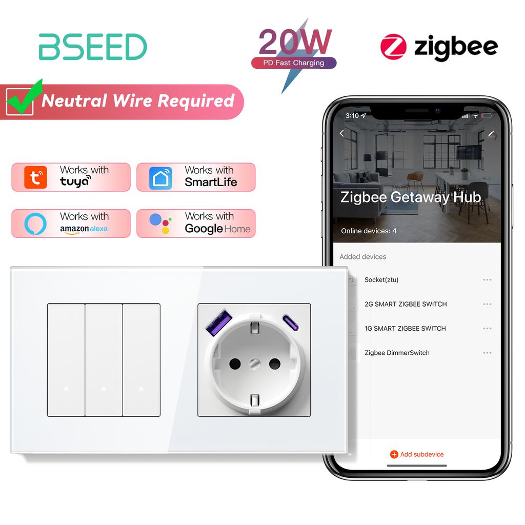 BSEED ZigBee Switches Wall Smart Click Light Switches Yellow Backlight Glass Frame Tuya APP Switch EU Wall Sockets with USB