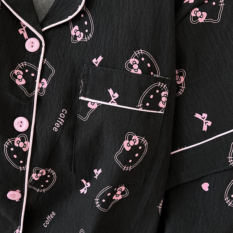 Korean Style Women's Summer Cartoon Pajama Set - Short Sleeve Cardigan with Shorts, Cloud Cotton Lapel