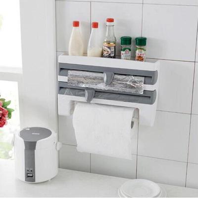 Wall-Mounted Kitchen Rack: Multifunctional Plastic Wrap and Paper Roll Storage Cutter