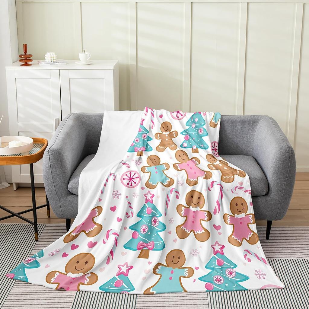 Gingerbread Xmas Flannel Blanket Blue Christmas Tree Candy Throw Blanket Western New Year Theme Cozy Throws for Bed Couch Sofa