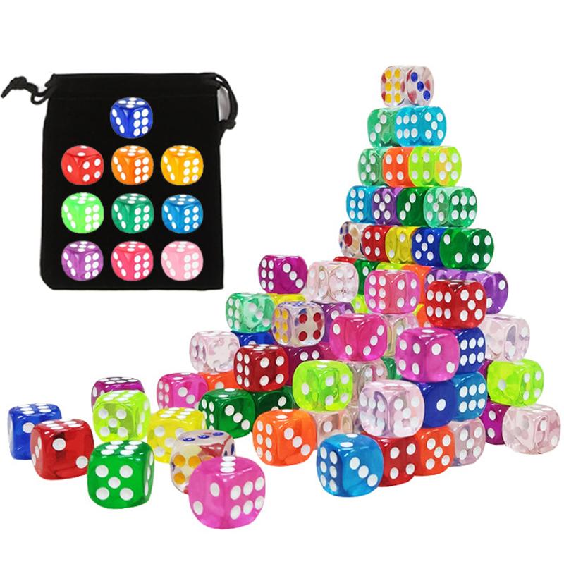10~60pcs Transparent Dice with Plush Cloth Bag 6 Sided Games Dice for Gambling Table Games Supply Recreation & Entertainment TMZ