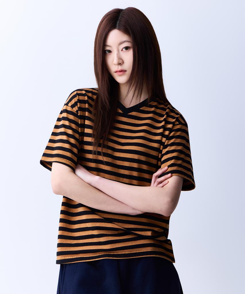 ADERNM Summer Daily Big Stripe Crop V-Neck T-Shirt Camel
