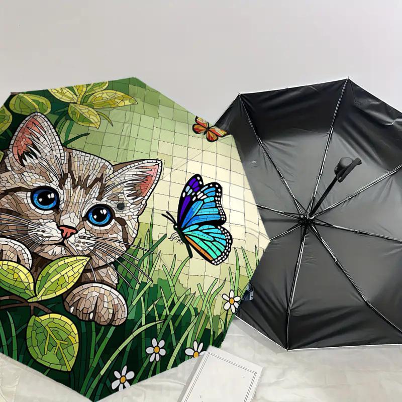 1PC Cat Butterfly Umbrella-8-Rib Reinforced Portable Folding Travel Suitable for All Seasons Outdoor Daily Use Is an Ideal Choice -F379