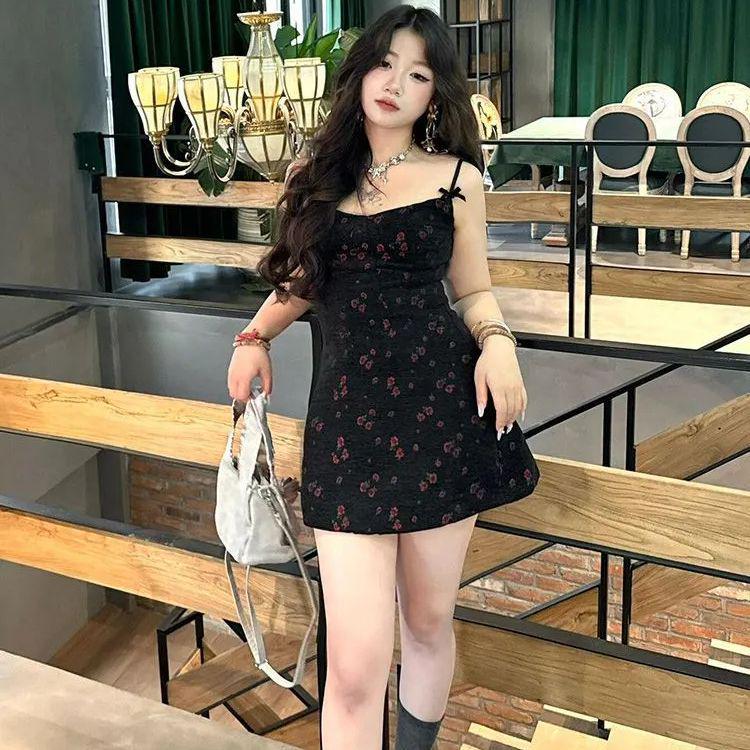 Women's Black Floral Backless Summer Dress: Sweet & Spicy, Short Sling Skirt