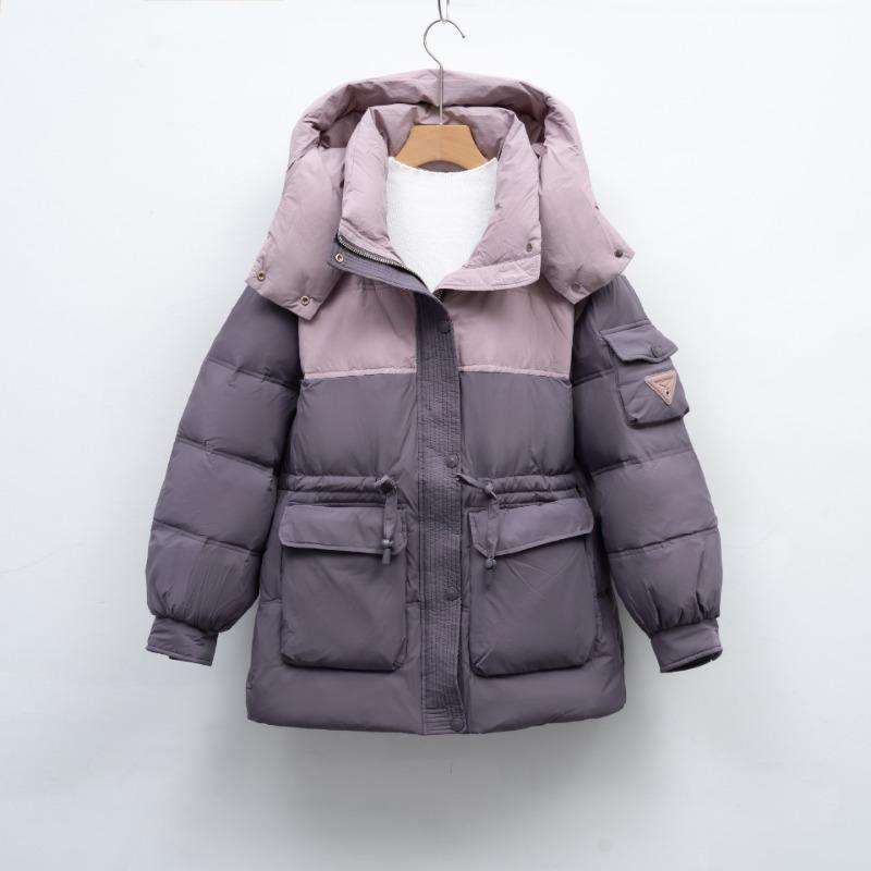 

Pinghu loose color matching hooded warm winter bread clothes white duck down zipper long sleeve thickened down jacket M
