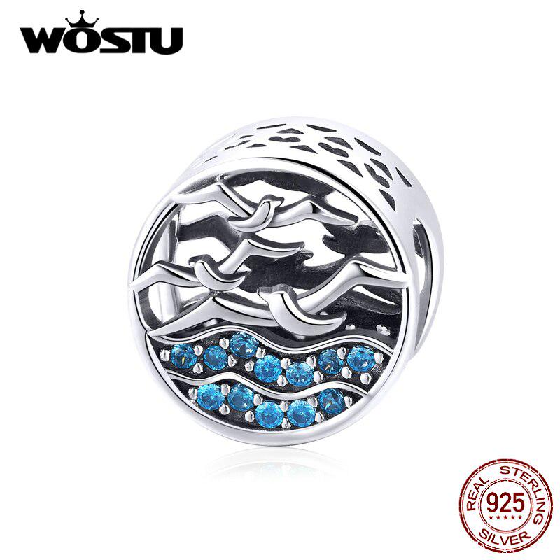 

WOSTU Чайки Шарм Стерлингового Серебра 925 Синий Циркон Круглые Бусины Подвеска Подходит Для Браслета или Ожерелья 925 silver