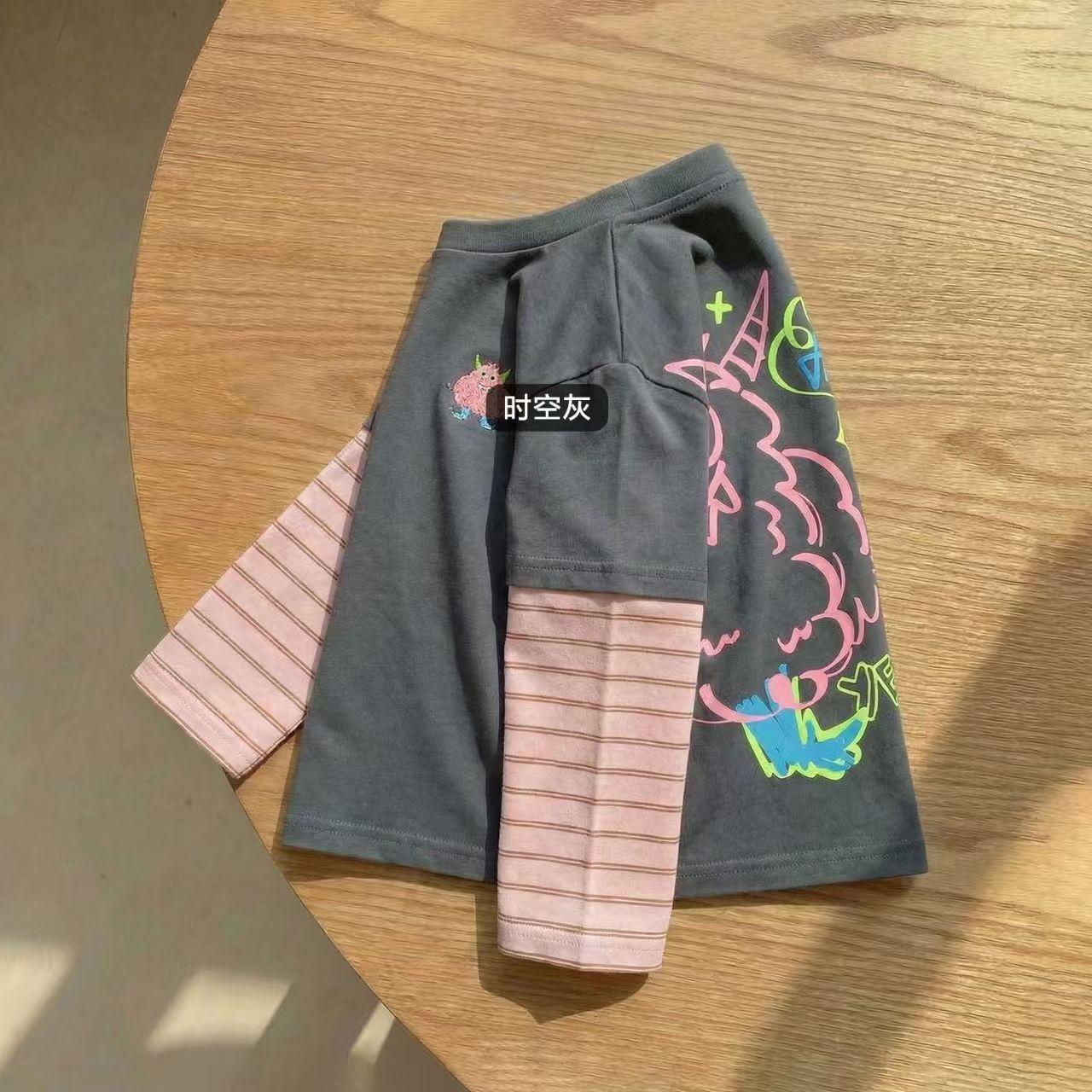 Boys Spring Autumn Fake Two Piece Long Sleeve T Shirt Thin Cartoon Base Layer Top For Kids 90 серый