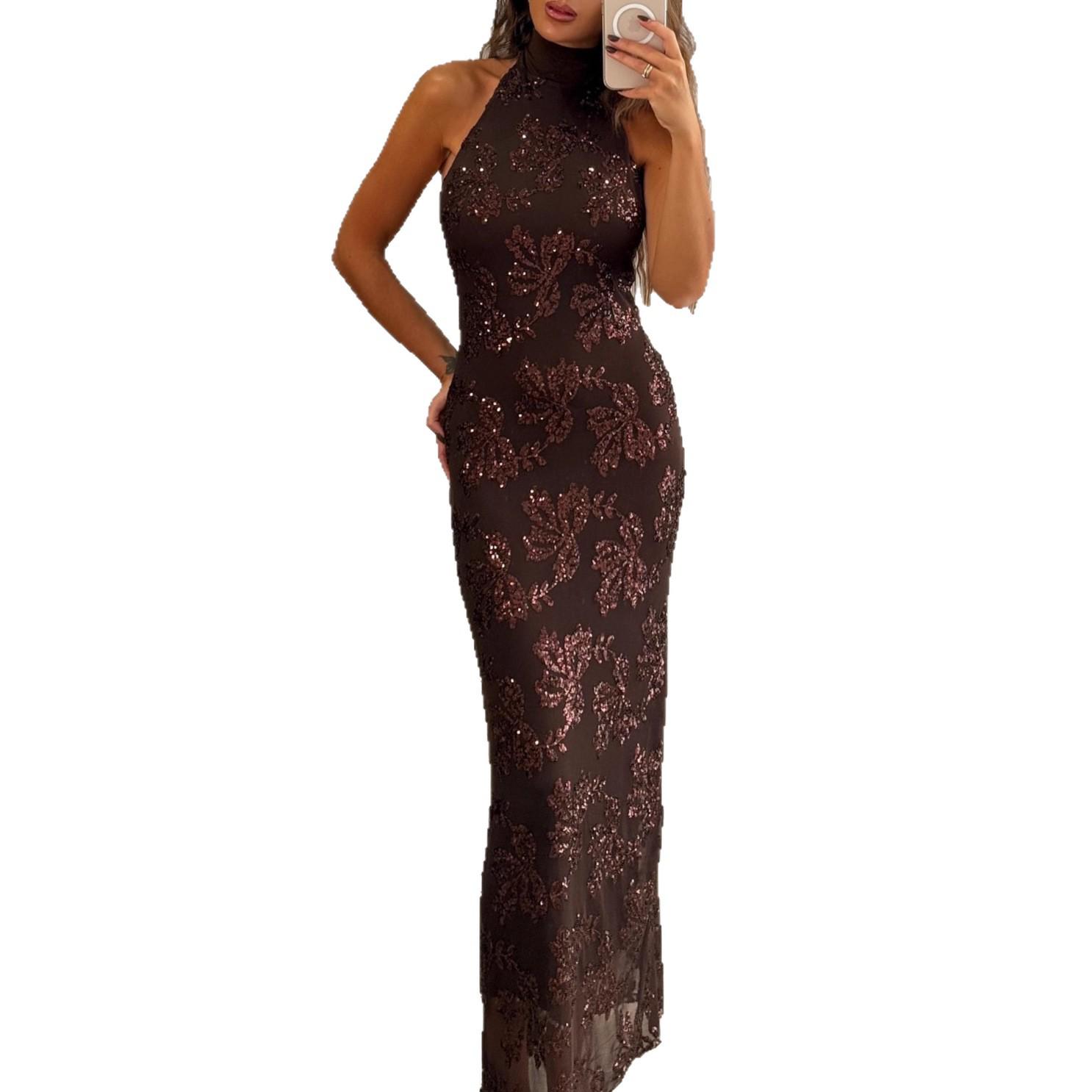 

Европейское и американское безрукавное платье с открытой спиной, пайетками и цветочным принтом (Выпуск 2025 г.) M коричневый