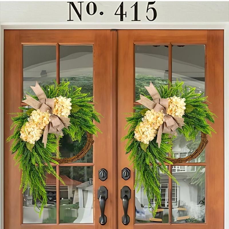 Rustics Floral Wreath Wall Hanging Rattan Frame With Artificial Hydrangea Blooms Ornament For Indoor Decoration