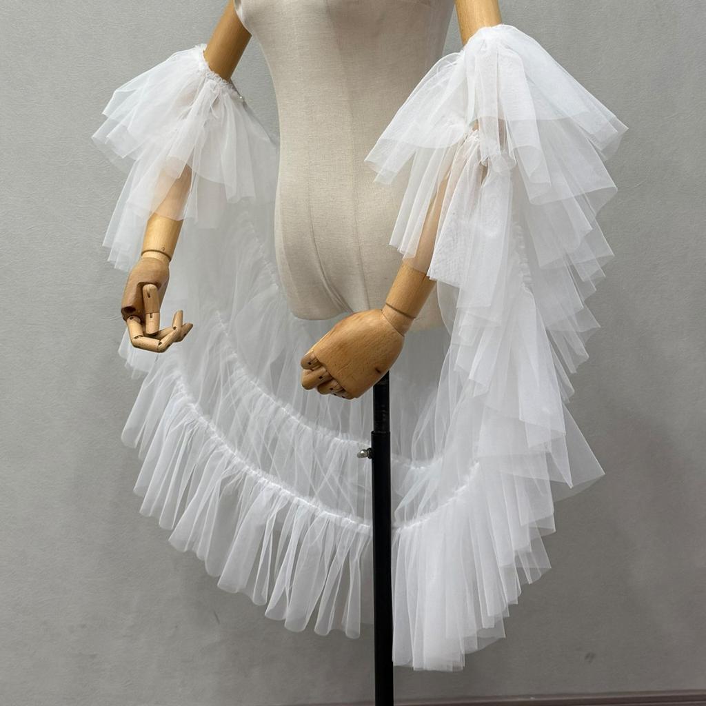 Damen mehrlagiger unregelmäßiger Stufen-Tüll-Shrug mit abnehmbarem Perlenband, Puff-Fellärmel-Umhang, Braut-Hochzeits-Cover-Up für Fotoshooting, Party, Cosplay