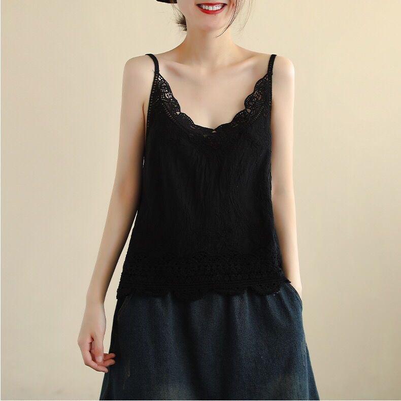 Literary and artistic style cotton and linen small suspenders are versatile, summer new bottoming shirt breathable hollow air-conditioned room vest