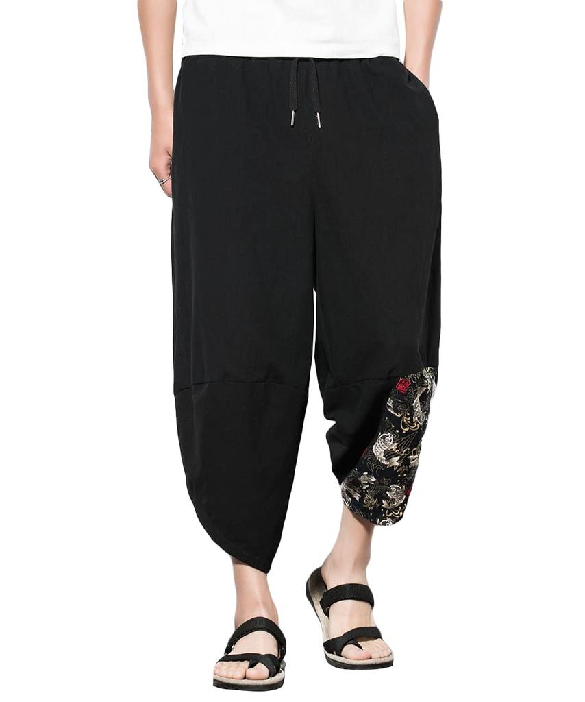 YFFUSHI Sarouel Aladdin Sizes 6 Japanese Adjustable Drawstring Men's Pants, Wide-Leg Pants, Pants, M-5XL, 3/4 Length, Cotton, Black, Patterns, Style,