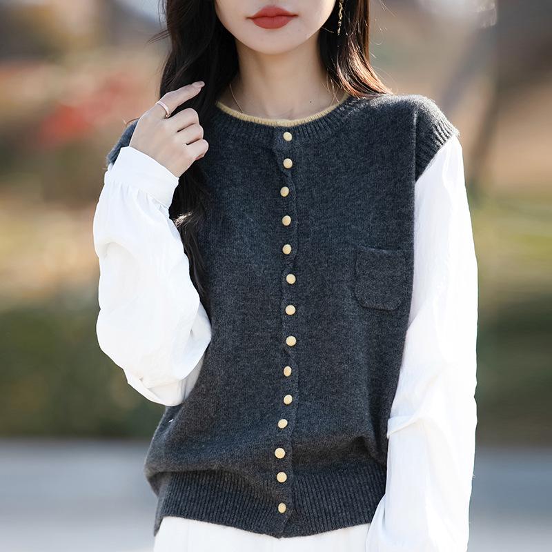 

Женский вязаный кардиган с цветными блоками, топ-майка с круглым вырезом, комплект из 2 предметов Large темно-серого