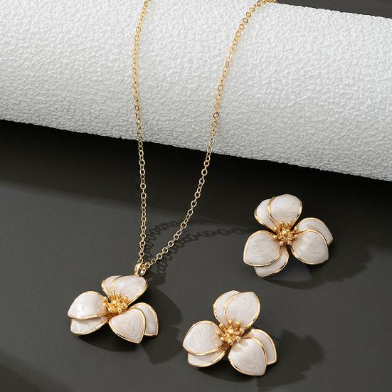 2Pcs/Set Women Jewelry Set Enamel Flower Charm Adjustable Length Necklace Faux Pearl Drop