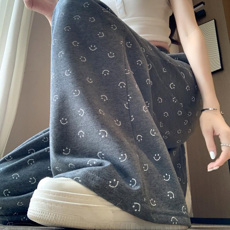 Smiley face print wide-leg pants women's spring and autumn high waist drooping feeling thin lazy wind sports straight casual pants
