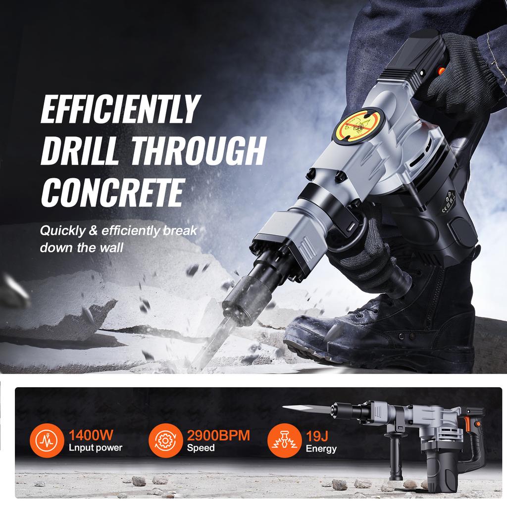 SucceBuy Ciocan Demolator Electric Greu 1400W 2 buc Dălți Biți Ciocănire cu Cutie 2900 BPM Spărgător Beton Mănuși Negru