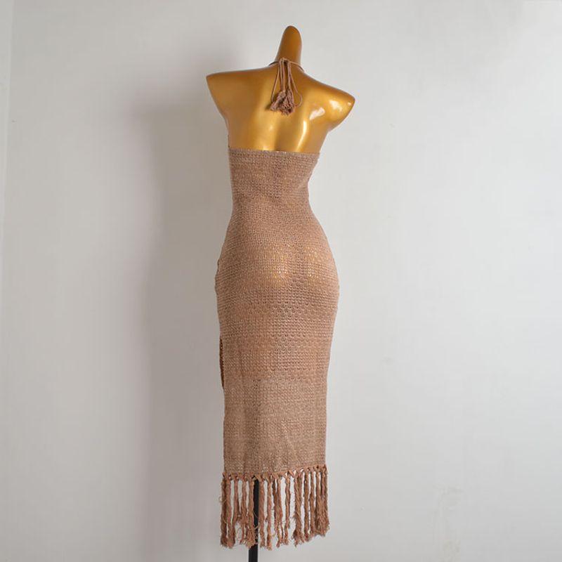 Western Style Slightly Transparent Sexy Lace-up Hanging Neck Knitted Dress Women Clothes Slim Fit Backless Tassel Split Suspender Dress