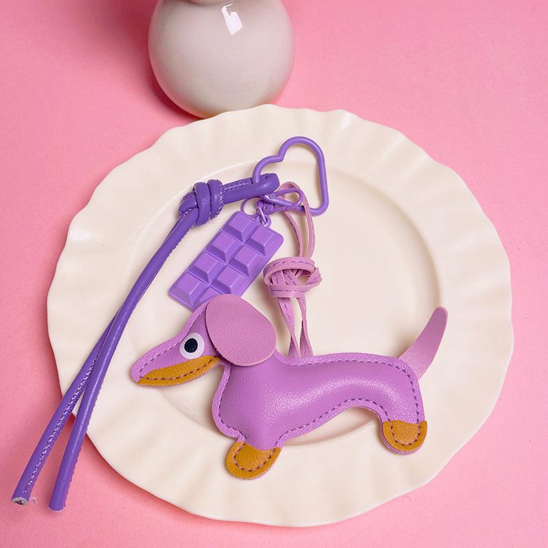 Leather Dachshund Chocolate Bag Accessories Pendant Key Chain Lanyard Creative Keychain