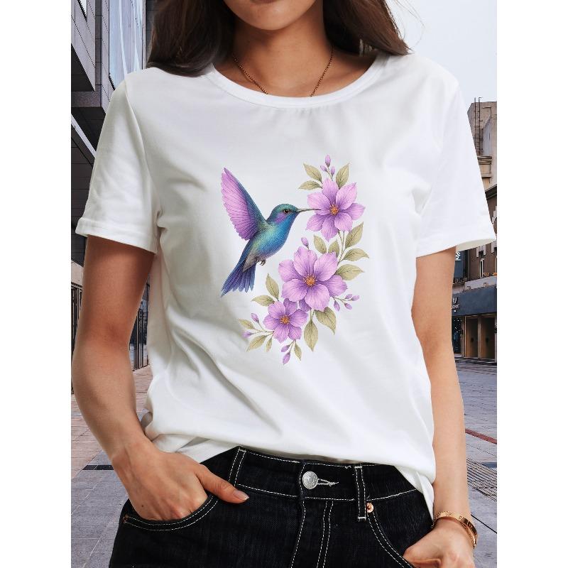 Women's Round Neck Short Sleeve T-Shirt Hummingbird Floral Print Casual Outdoor Travel Nature Lover Top