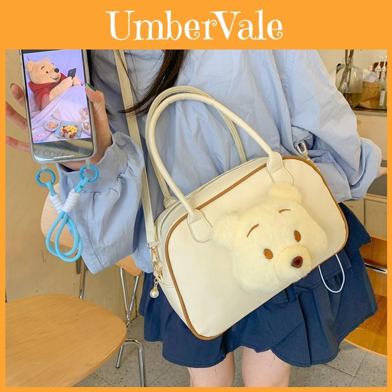 Pooh Bear Plush Doll Decoration Women Tote Bag With Transparent Compartment For Campus And Daily