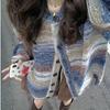 Womens Oversized V-Neck Knit Cardigan With Stripe Loose Fit Casual Sweater