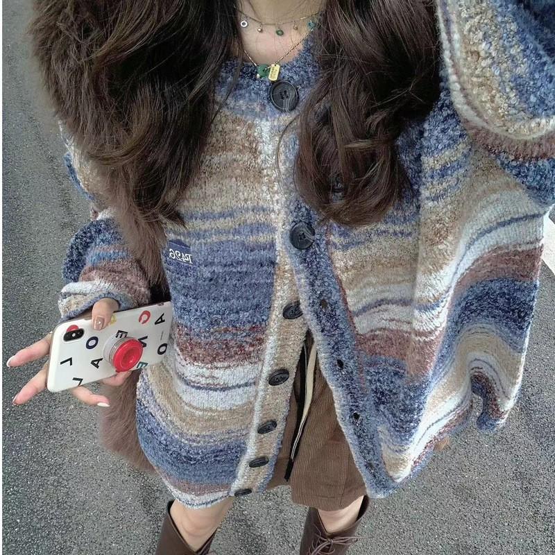 Womens Oversized V-Neck Knit Cardigan With Stripe Loose Fit Casual Sweater