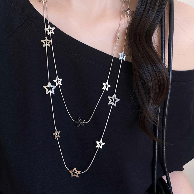 Sliver Color Hollowed-Out Five-Pointed Star Long Double-Layered Necklace For Women Temperament Personality Sweater Chain