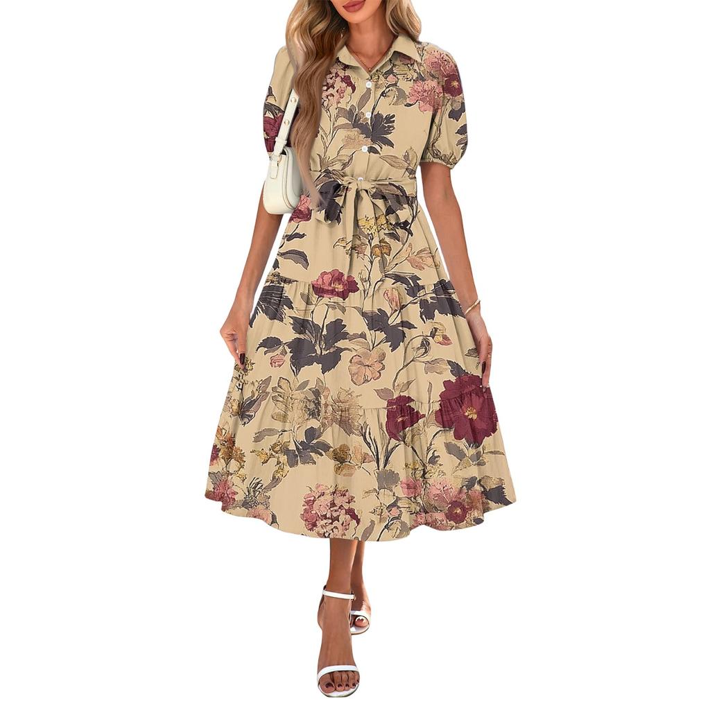 Womens Summer Dresses Short Sleeve Button Tie Waist Boho Flowy Maxi Dress