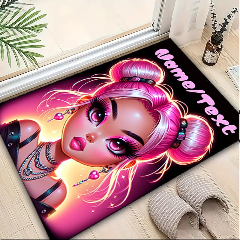 1PC Custom Name Pink Hair Fantasy Girl Theme Floor Mat Ideal for Living Room, Game Rooms, Office, Bedroom,Floor Mat Playful Design