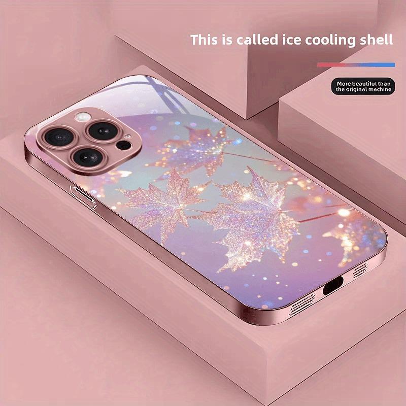 

Рожевий візерунок з кленового листа Рожевий металік Загартоване скло Чохол для телефону для iPhone 11 12 13 14 15 16 17 Pro Max 15 Plus 17 Air 16E iPhone 12 Pro