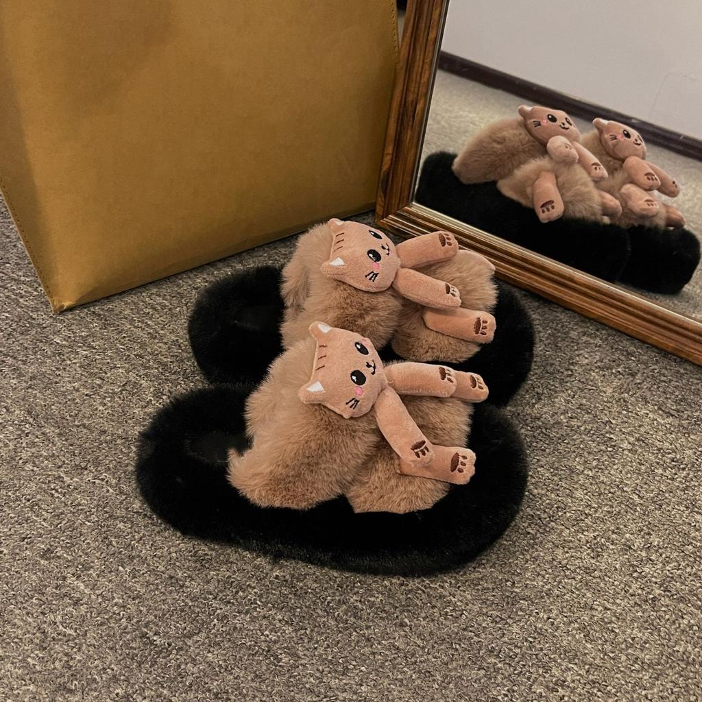 Cute Fluffy Slippers for Women To Wear 2025 Autumn and Winter New Fashionable Versatile Thick-bottomed Warm One-word Cotton Slippers for Women